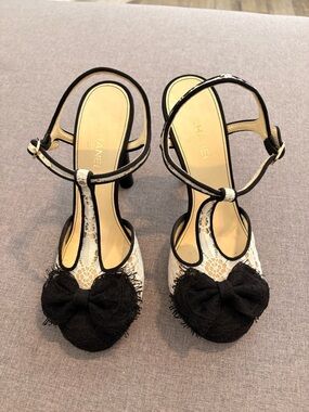 CHANEL White Lace T-Strap Heels with Black Trim and Bow